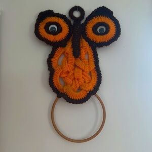 Handcrafted hand, crocheted owl, with googly eyes towel ring holder